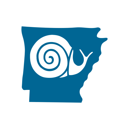 Slow Food Ozark logo: blue snail inside Arkansas state outline.